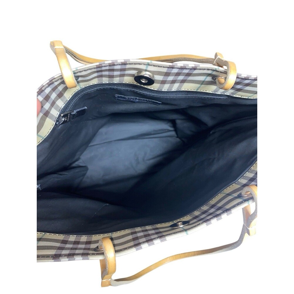 Vintage Burberry London Tote Bag Nylon Leather Cream Yellow Brown Plaid - Picture 6 of 9
